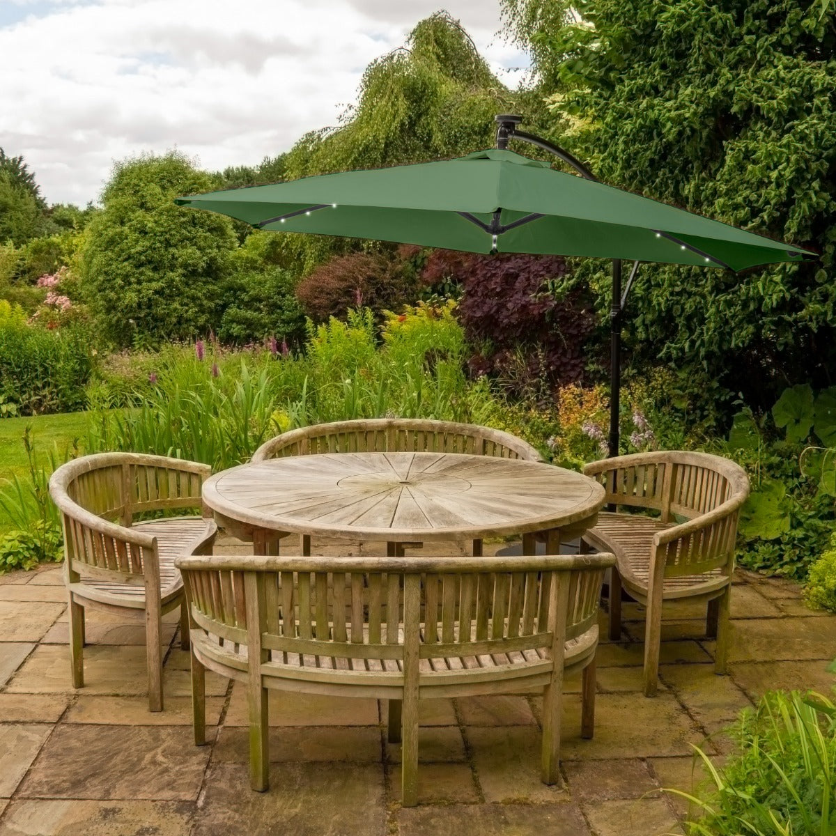 Green Cantilever Parasol 3m LED Fan Base Outdoor