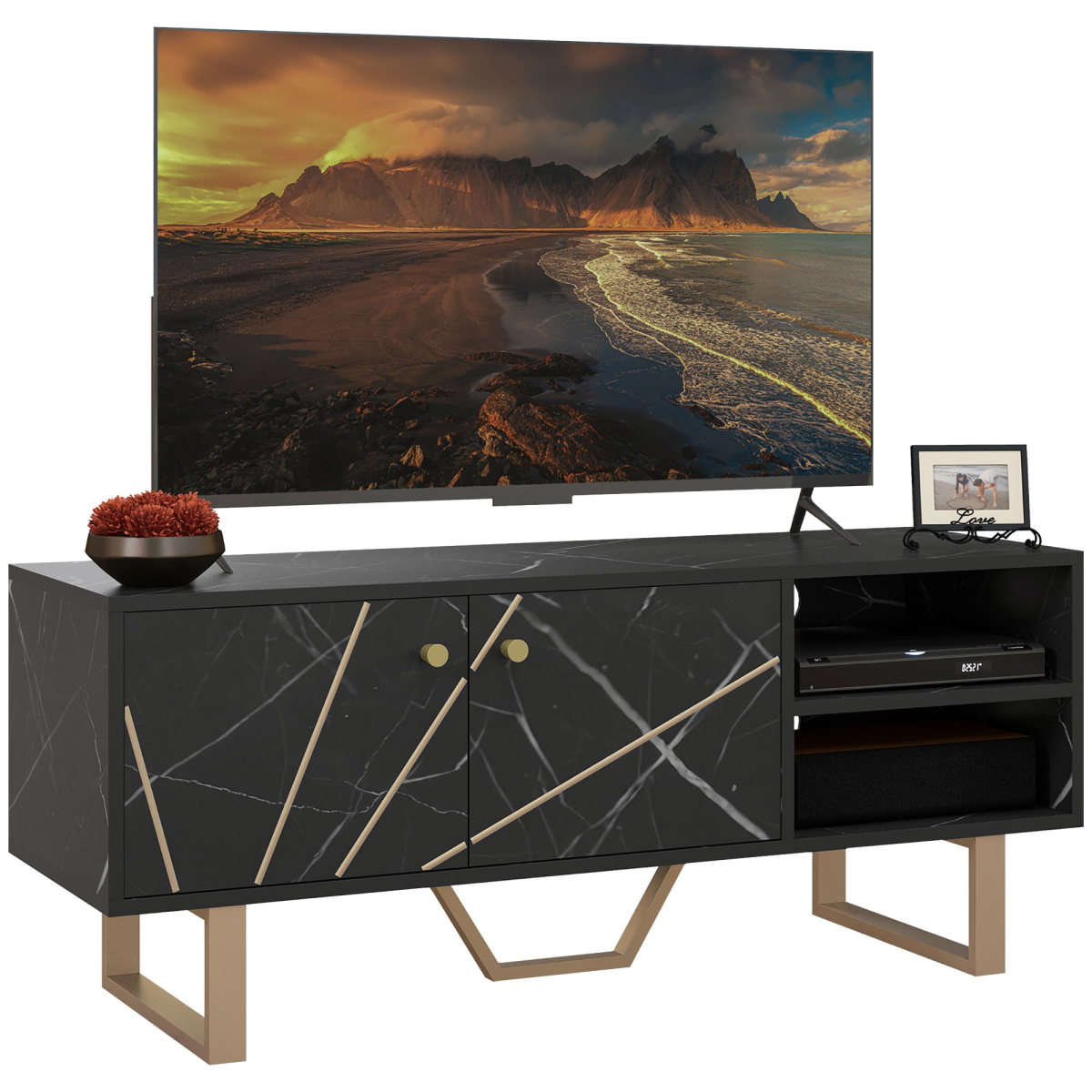 HOMCOM black marble TV unit with storage for living room, two shelves and a cupboard, hidden cable hole.