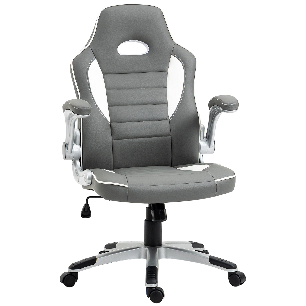 Home Symphony Elite Racing Chair 112-122cm Adjustable Flip Armrests Gamers in grey with white accents.