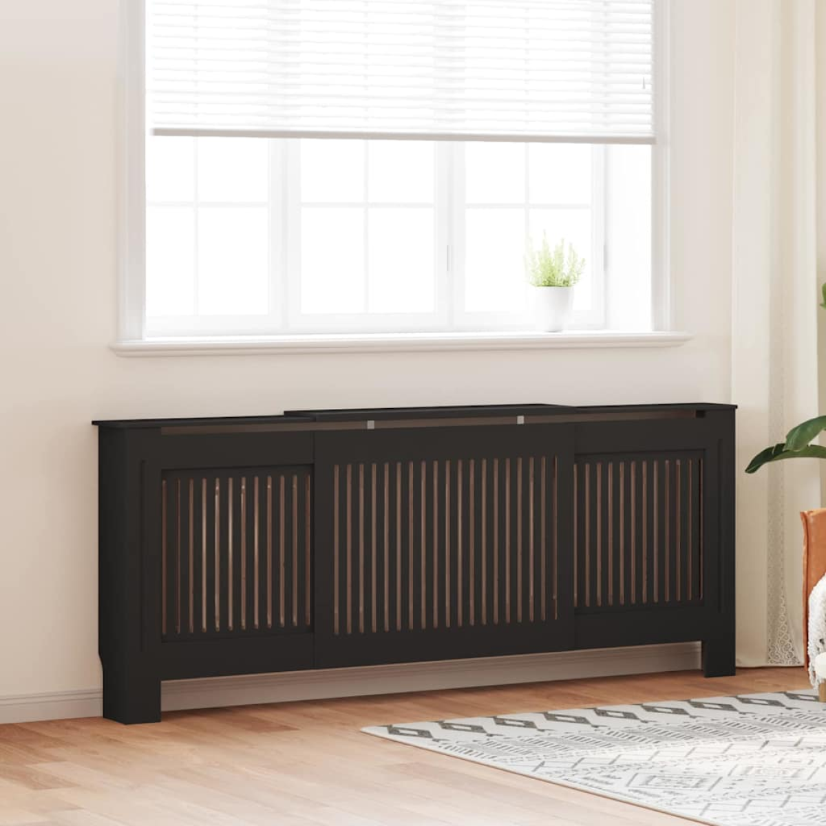 VidaXL Radiator Cover 142-205 cm Wide 20.5x81.5 cm Black Slatted Front 2-Piece for Living Rooms