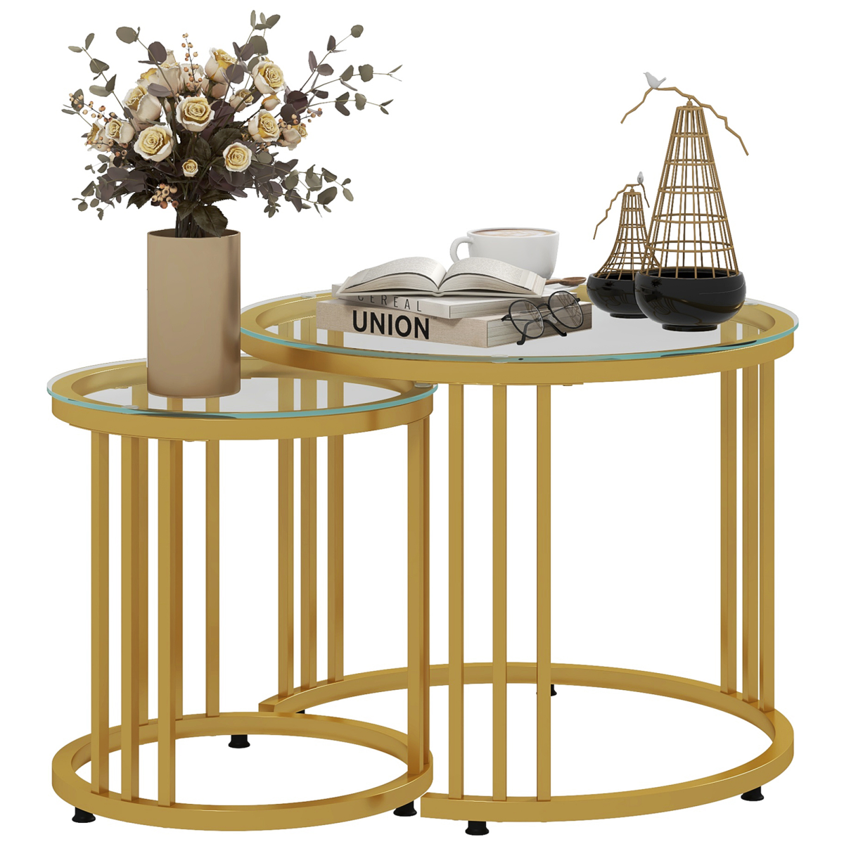 HOMCOM Nesting Coffee Tables Two Piece Set Tempered Glass Tops Gold Art Deco Living Room Decor - HOMCOM - Home Symphony
