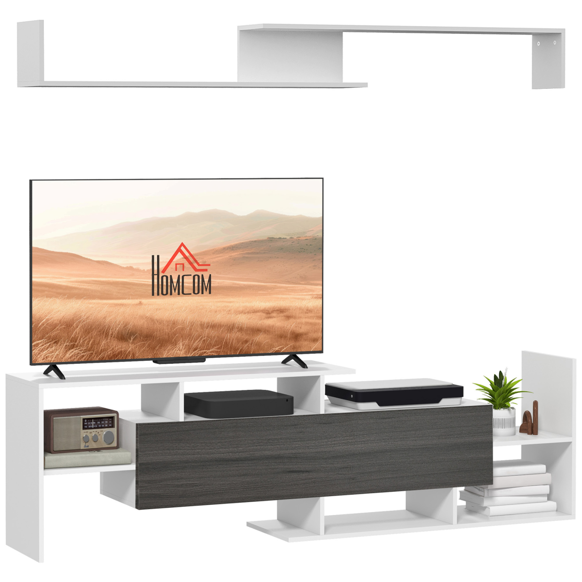 HOMCOM white living room TV cabinet with open shelves and hidden flip-down cabinet.
