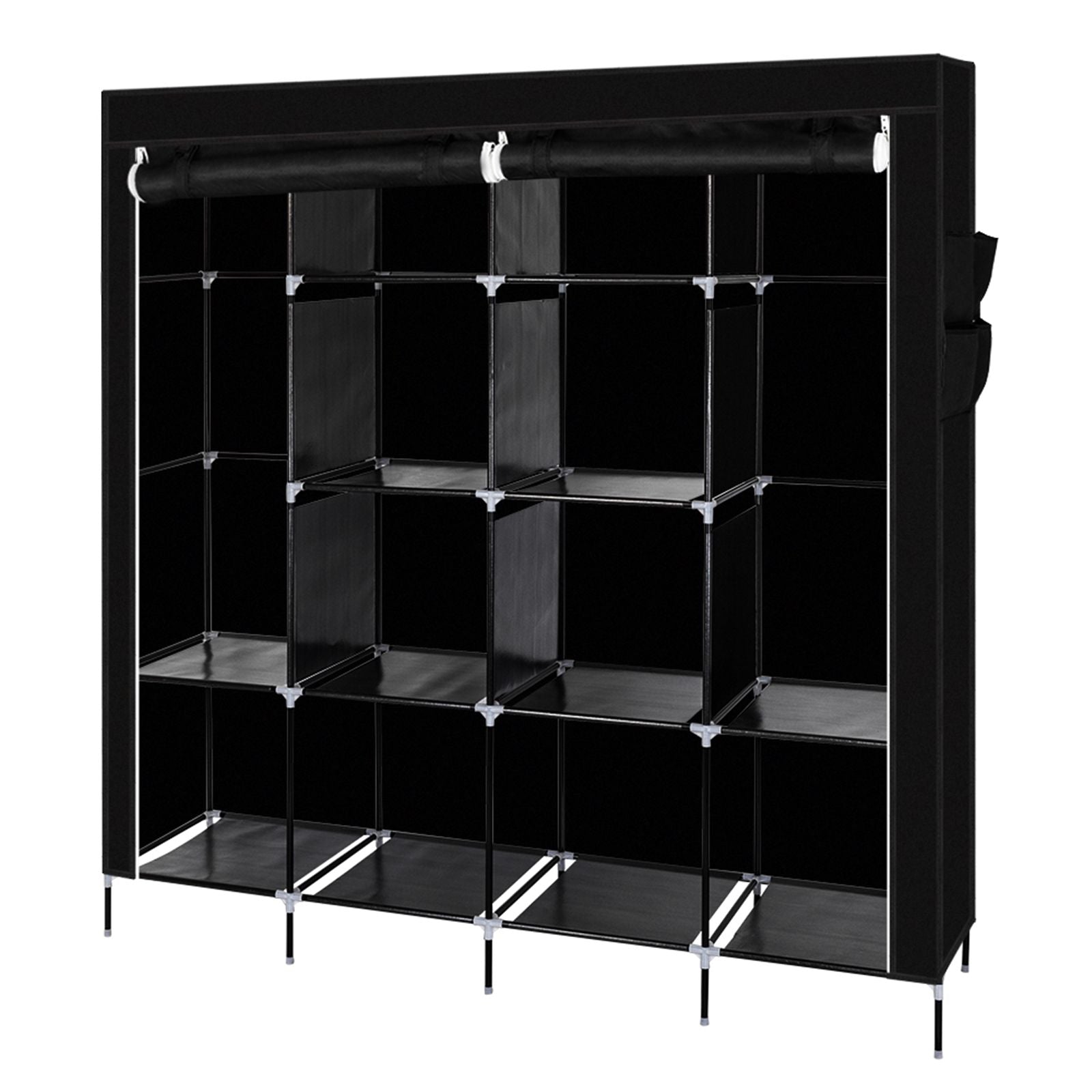 67" Clothes Closet Portable Wardrobe Clothes Storage Rack 12 Shelves 4 Side Pockets Black - N/A - Home Symphony