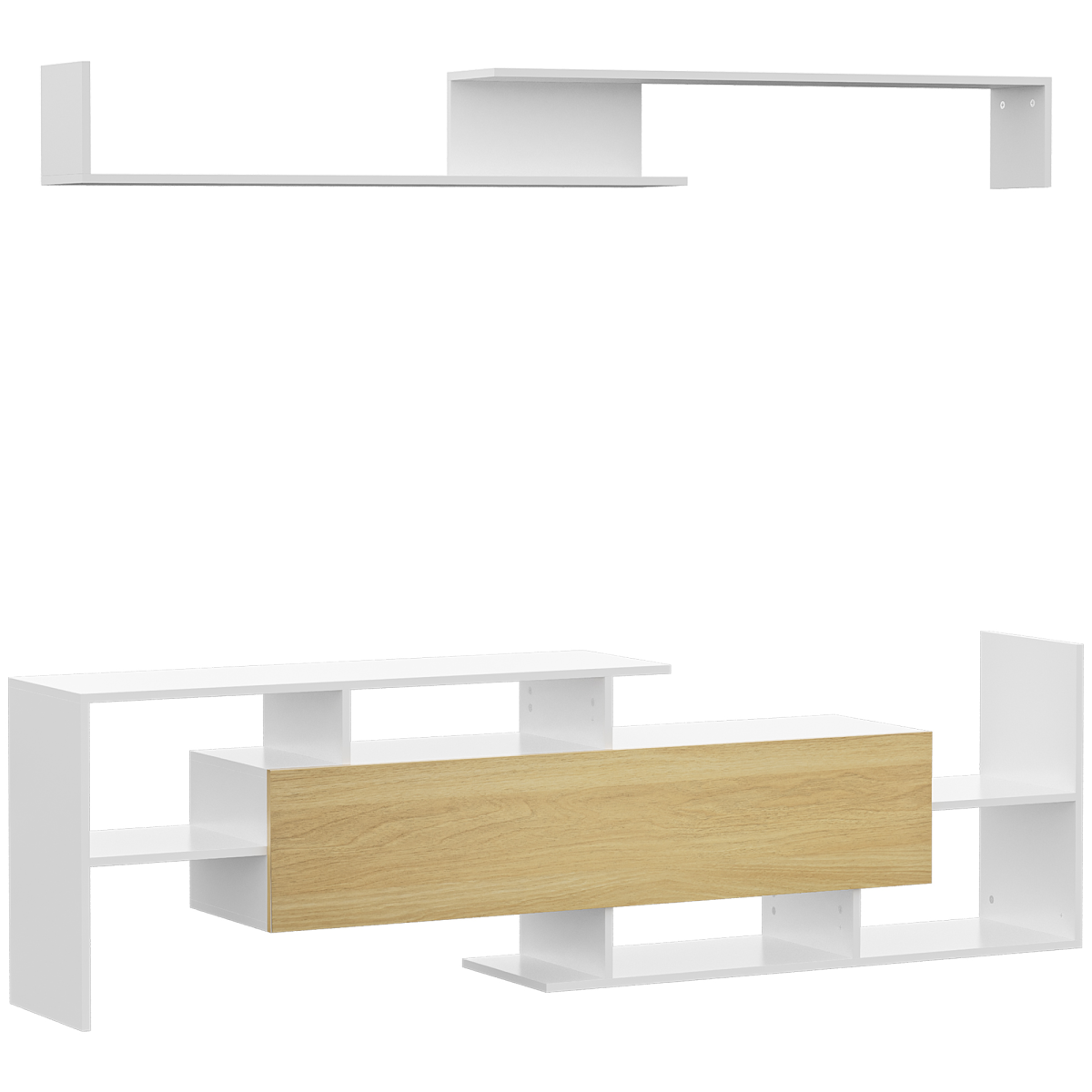 HOMCOM white TV cabinet with a floating shelf and two-piece storage for a 65-inch TV setup.