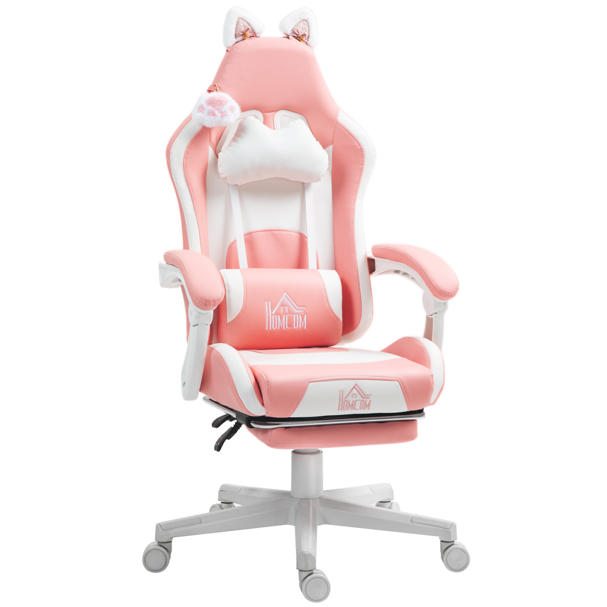 HOMCOM Pink Gaming Chair 44-52cm Recline Footrest for Gamers with cat ears and paw accents in pink and white