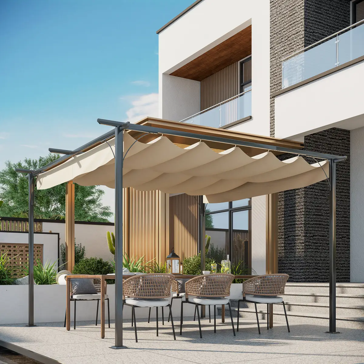 Outsunny Steel Pergola, 350L cm, Steel, Polyester-Black/Beige - Gazebos