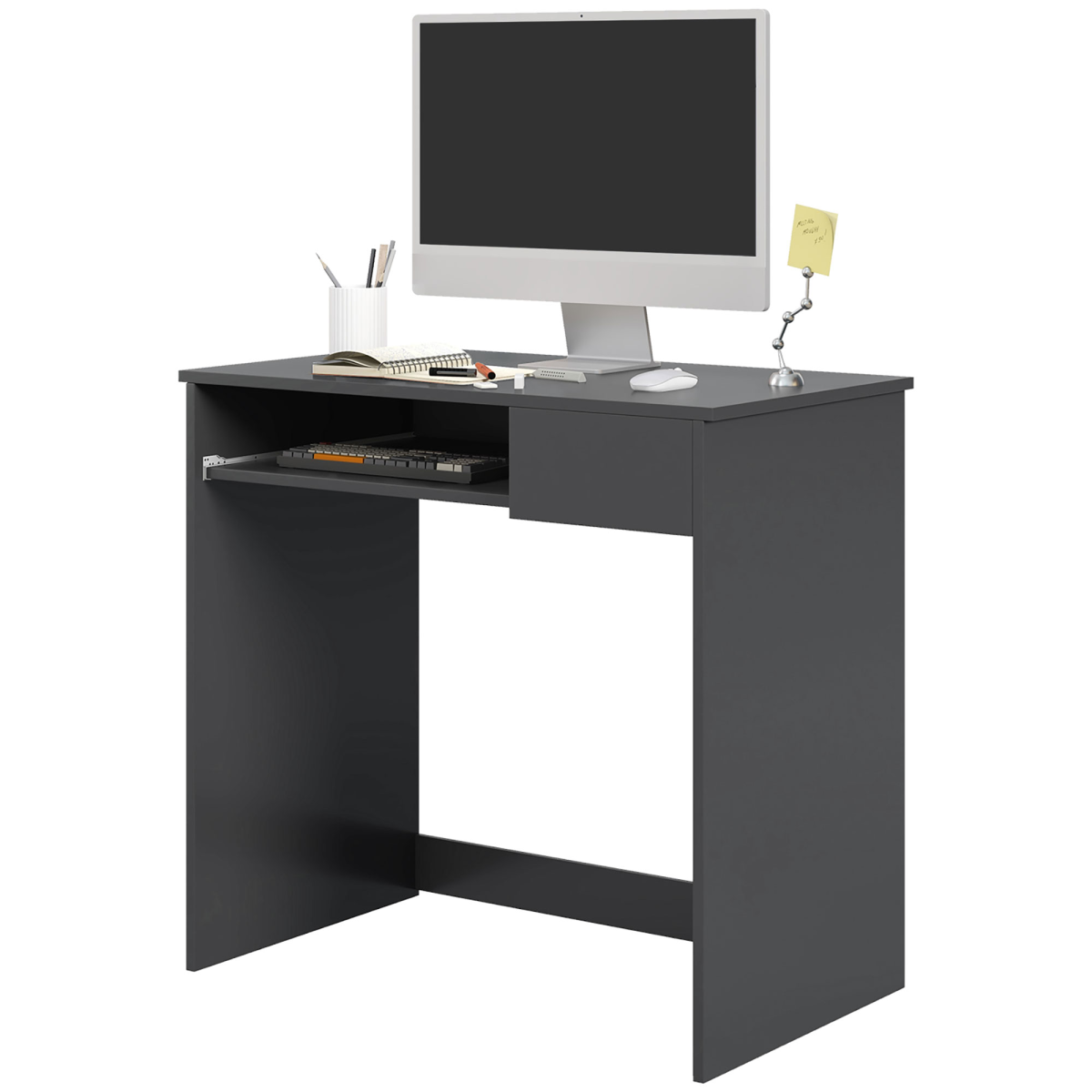HOMCOM Computer Desk Compact With Keyboard Tray Drawer For Small Home Office Grey Finish