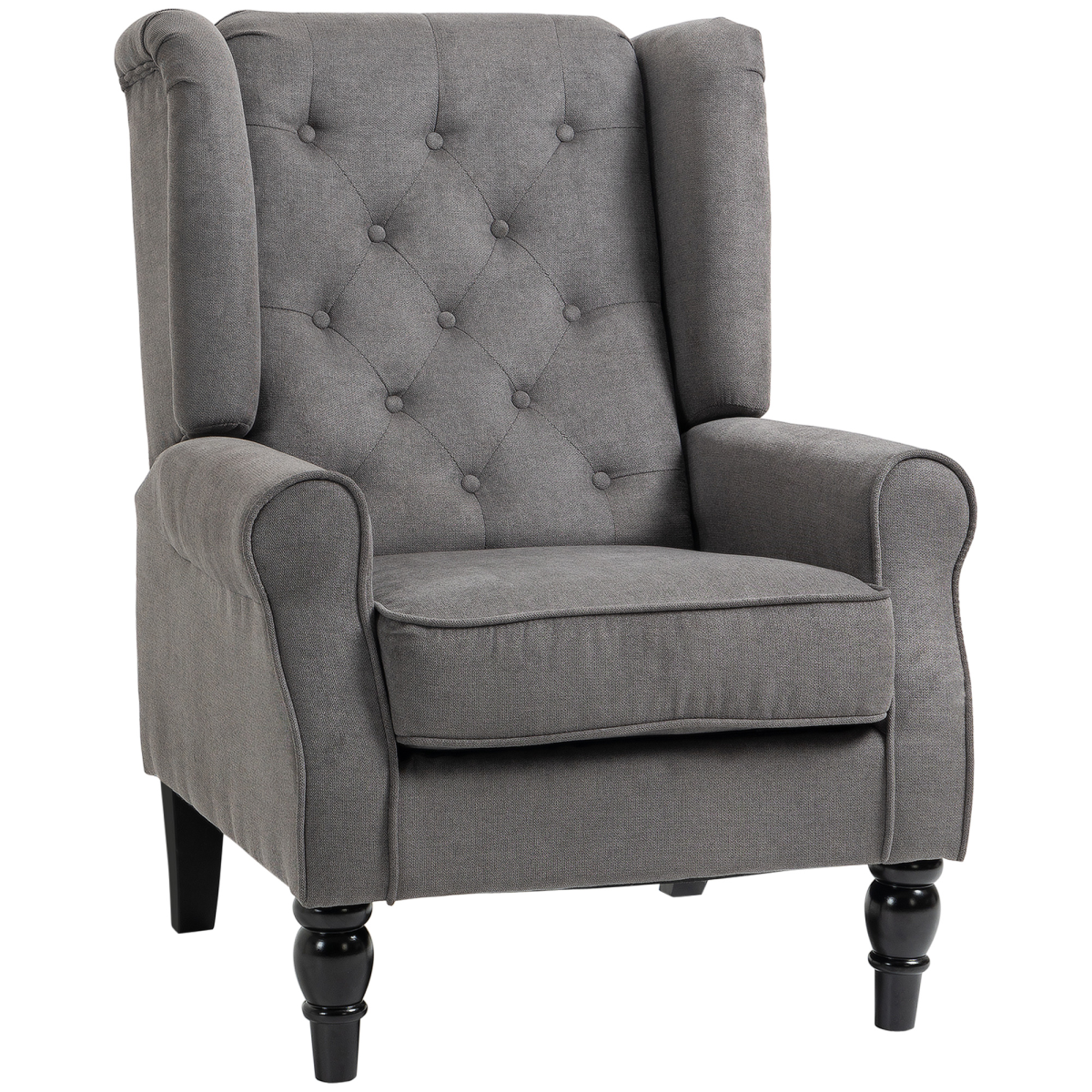 Grey fabric accent armchair with tufted wingback, high wings, padded seat and turned wooden legs.