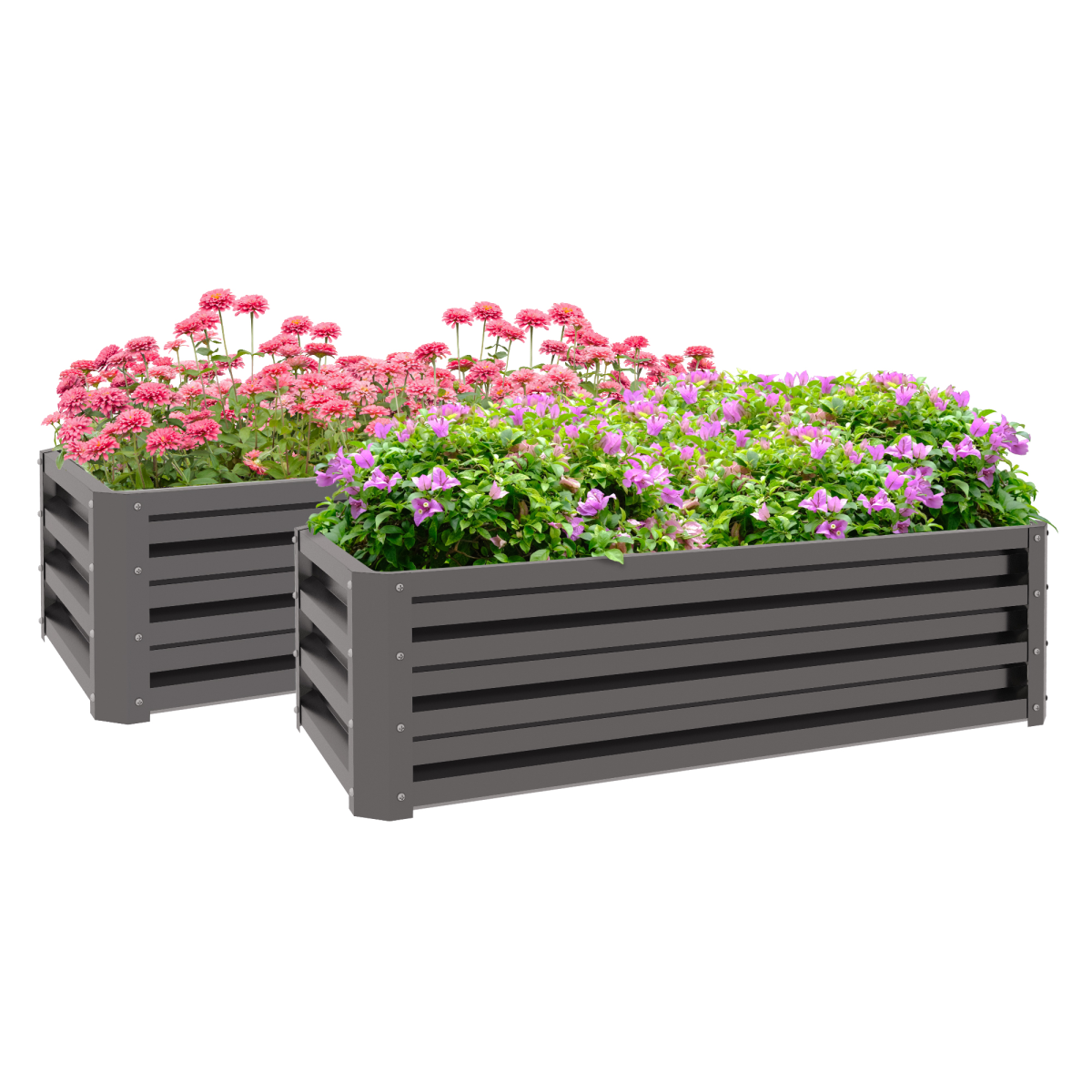 Outsunny two-pack galvanised steel planter boxes on a patio, filled with pink and purple flowers.