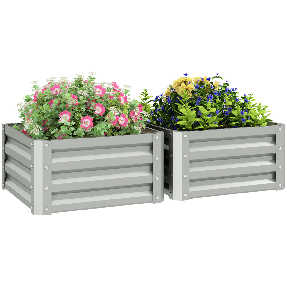 Outsunny two-pack galvanised steel raised garden beds on a patio, filled with pink and blue flowering plants.