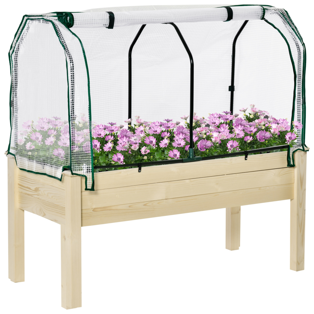 Top Garden Bed 4ft planter with PE greenhouse cover over a wooden raised bed with pink flowers.