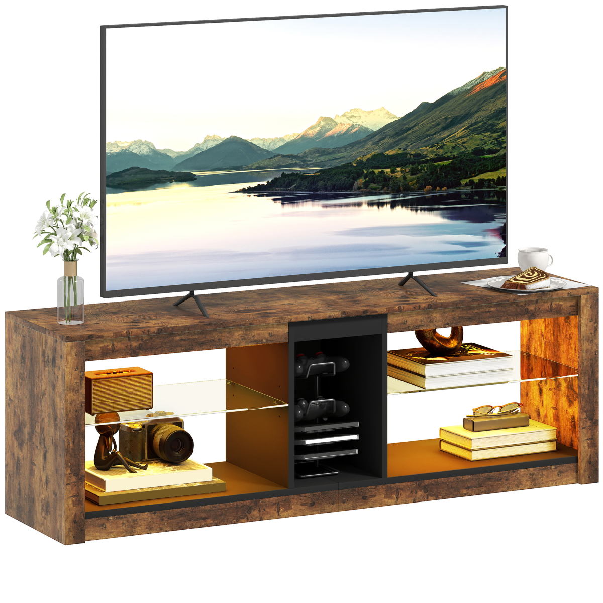HOMCOM 140cm TV Stand with top LED lights, wood unit with shelves and wine rack for up to 65-inch TVs.
