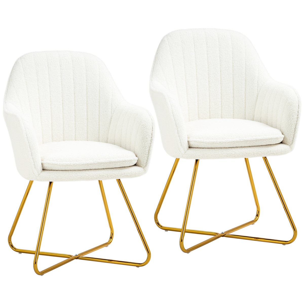 Pair of cream cashmere fabric accent chairs with gold-tone metal sled legs.