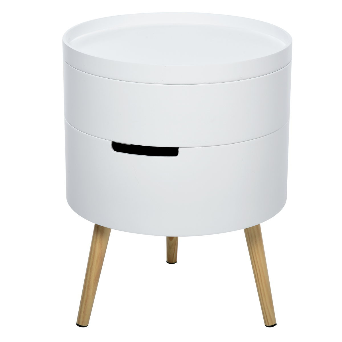 Premium White Circular Side Table Dia 16In Height 20In Removable Top Tray Dual Storage Nightstand And Coffee Table