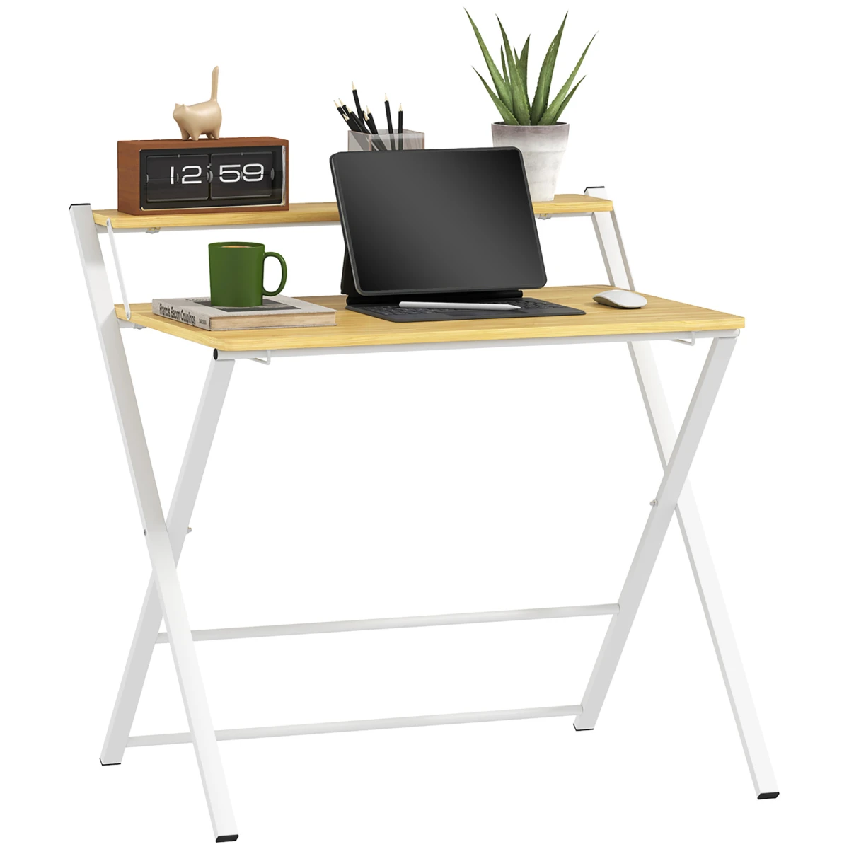 HOMCOM HOMCOM Folding Desk With Two Tier Shelf Maple Wood Effect for Home Office and Bedroom - Desk