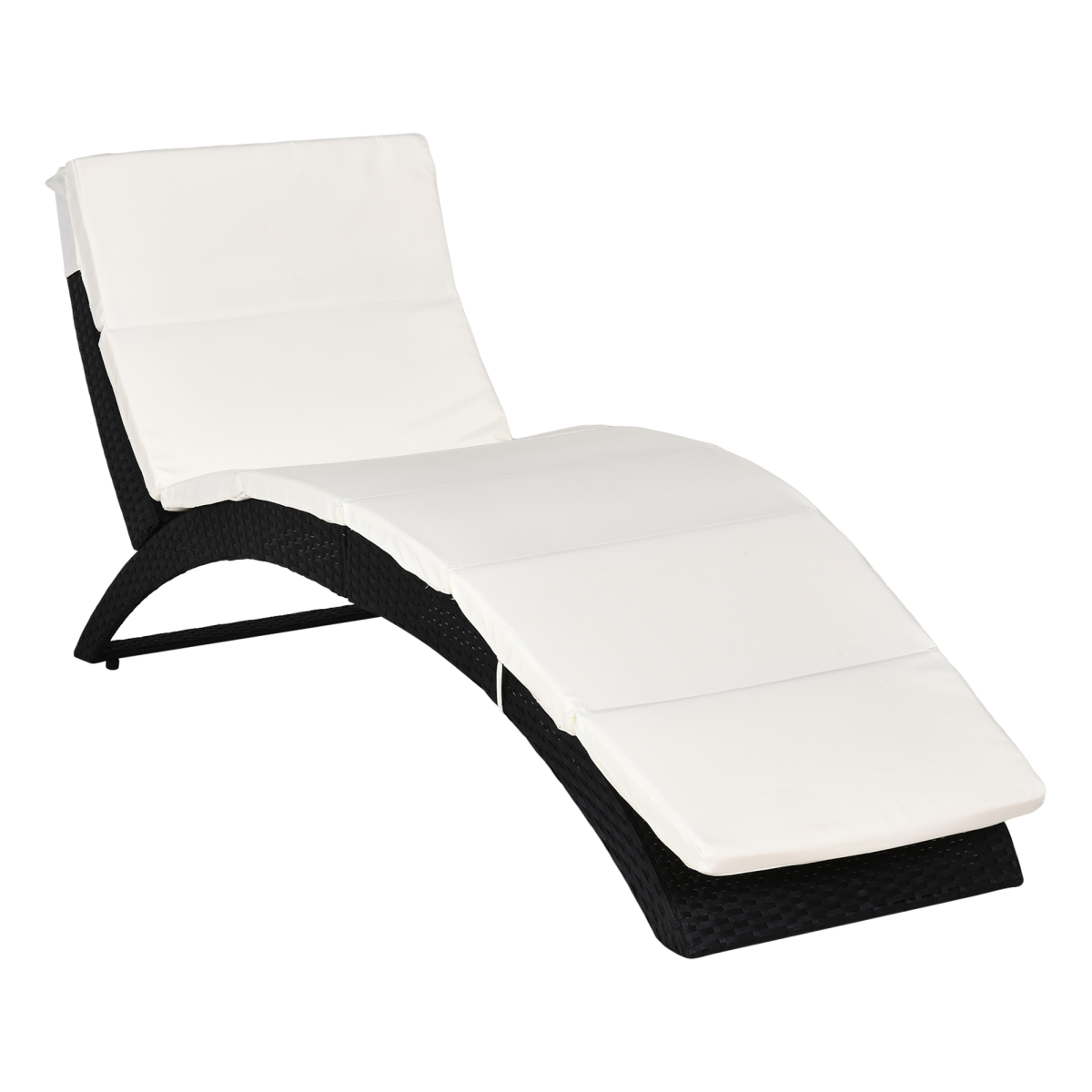 Premium rattan sun lounger with large curved ergonomic white cushions and black wicker frame.