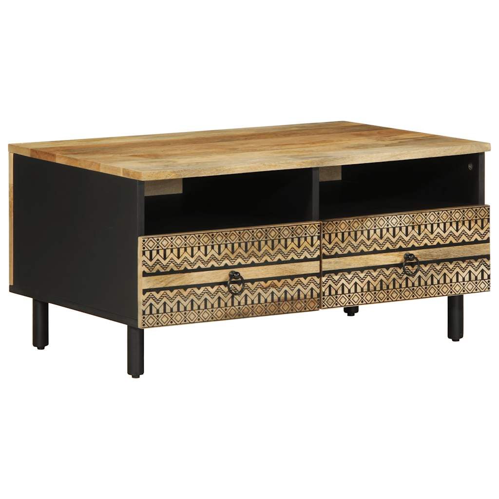 VidaXL Coffee Table 80x54x40 cm Solid Mango Wood With Geometric Pattern Drawers Black Living Room - vidaXL - Home Symphony