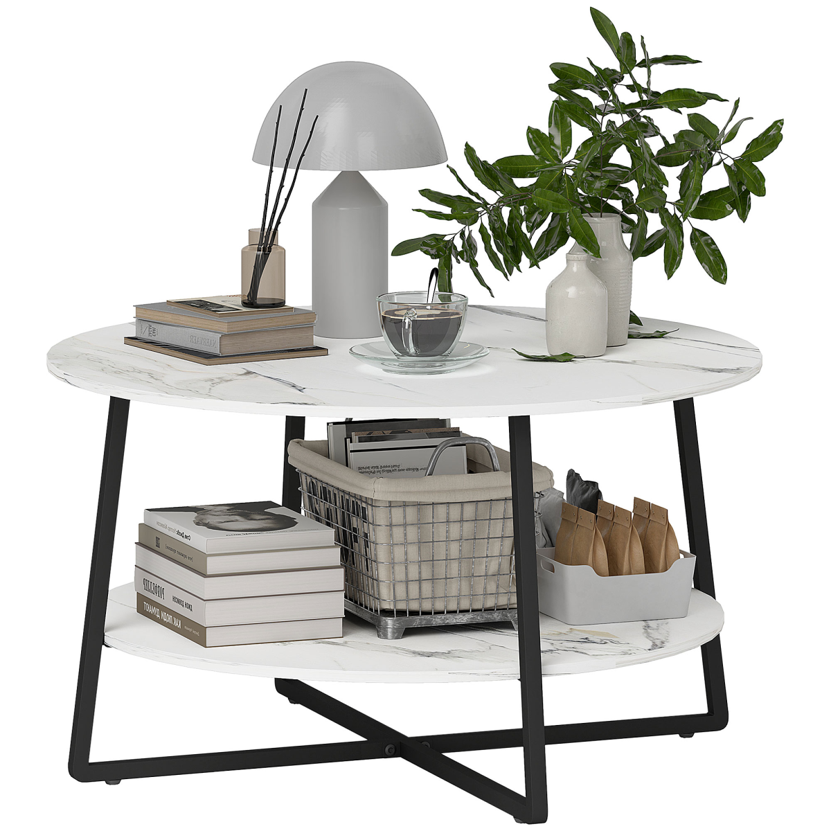 HOMCOM Round Coffee Table 90 cm Diameter Marble Effect Top Storage Shelf Two Tier Ideal for Living Rooms - HOMCOM - Home Symphony