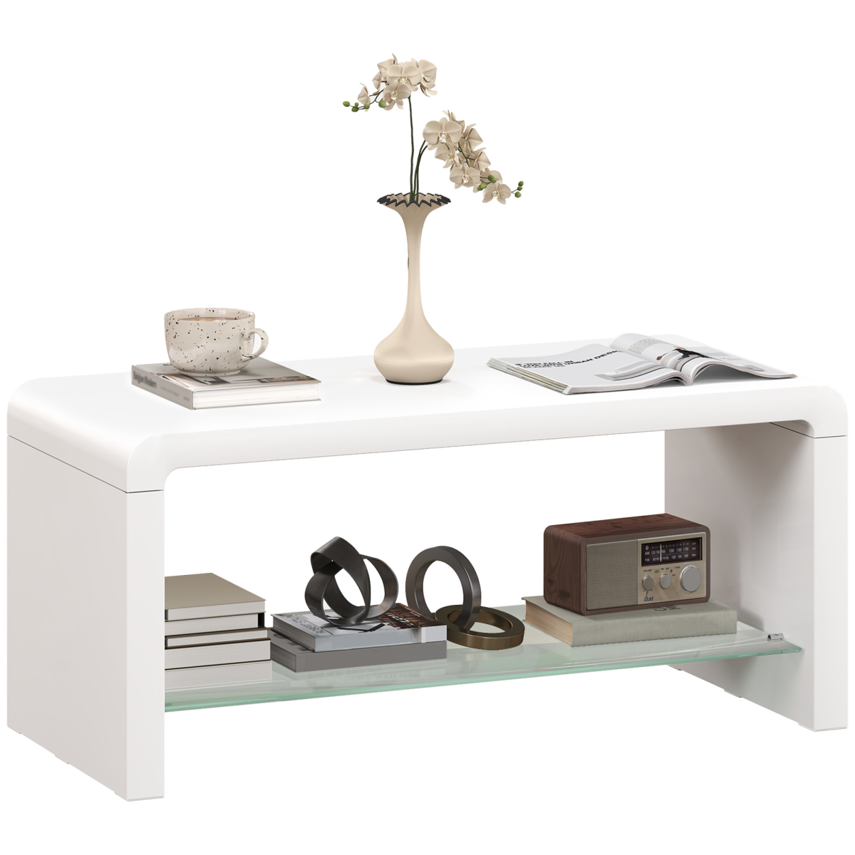 HOMCOM High Gloss Storage Coffee Table Two Tier White With Glass Shelf For Living Room