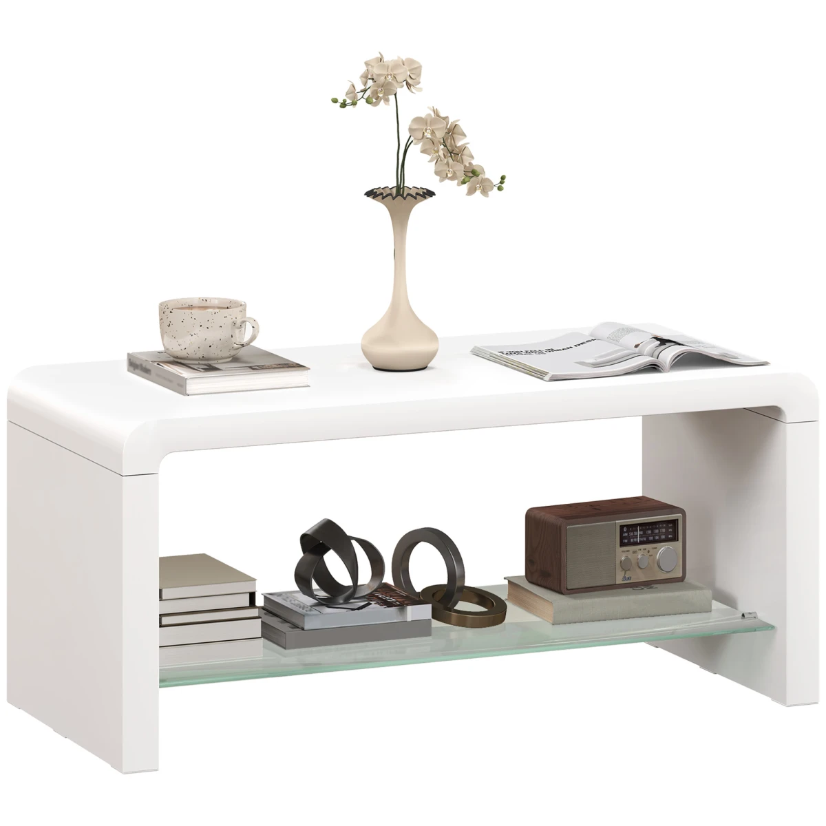 HOMCOM HOMCOM High Gloss Storage Coffee Table Two Tier White With Glass Shelf For Living Room - Coffee Table