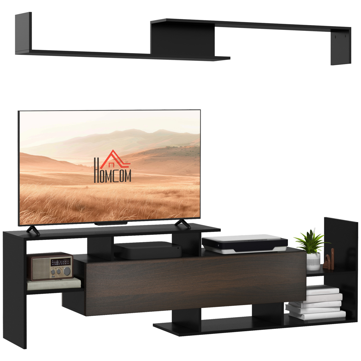 HOMCOM TV cabinet with concealed flip-door storage, open side shelves, and matching wall shelf for living room.