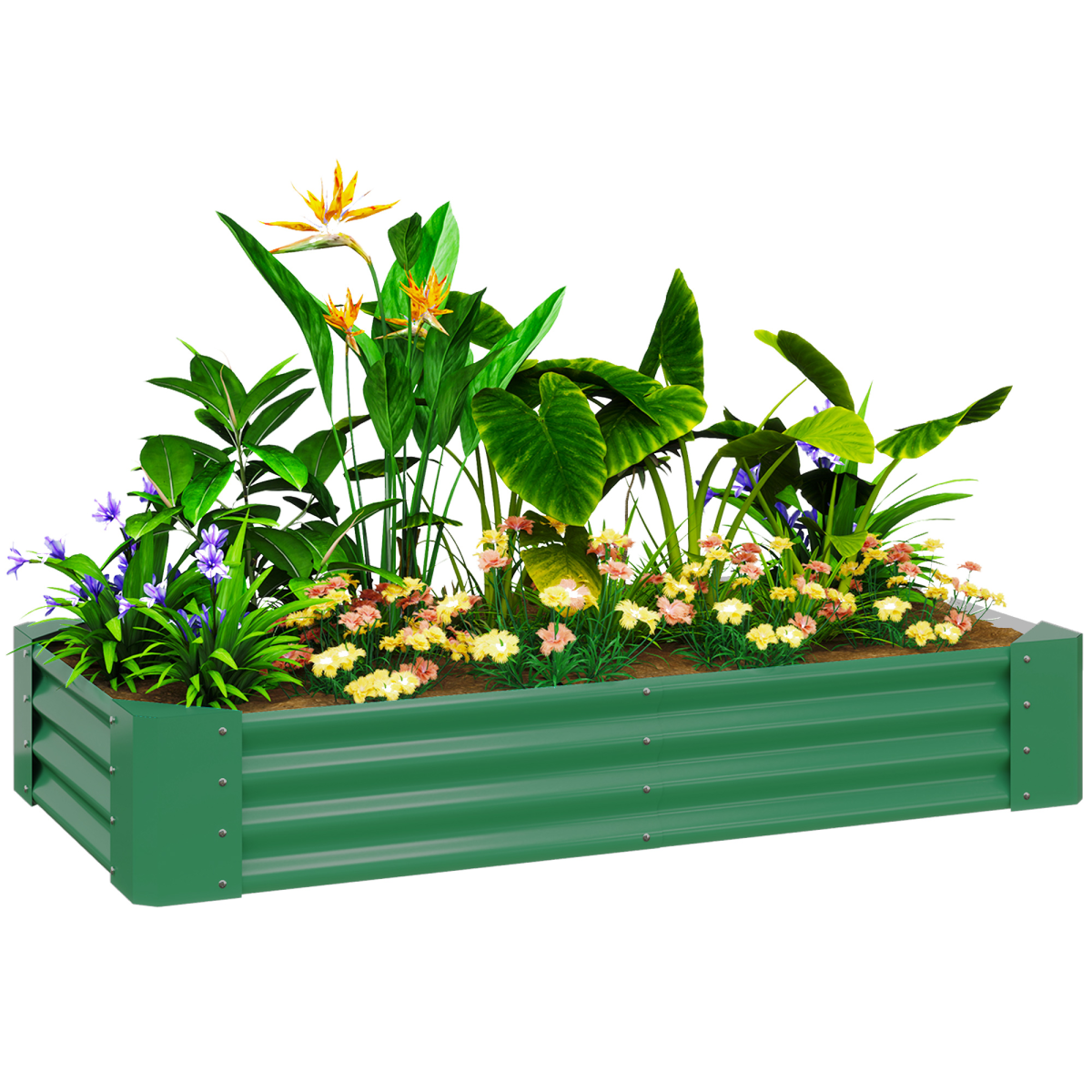 Outsunny green galvanised steel raised bed planter 180x90x30cm filled with diverse plants and flowers.