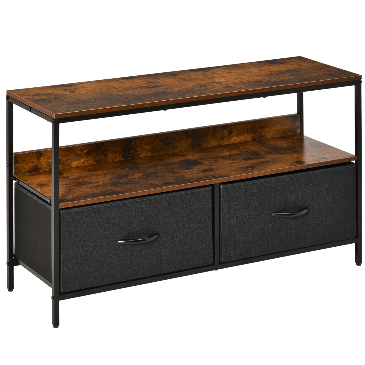 HOMCOM wide TV console with wood-look top, metal frame, open shelf, and two foldable linen drawers in dark gray.