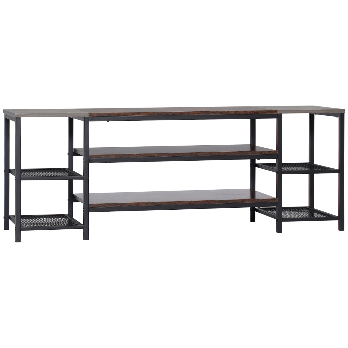 Industrial 65-inch TV console with steel frame, dark wood top, open shelving, and side mesh shelves.