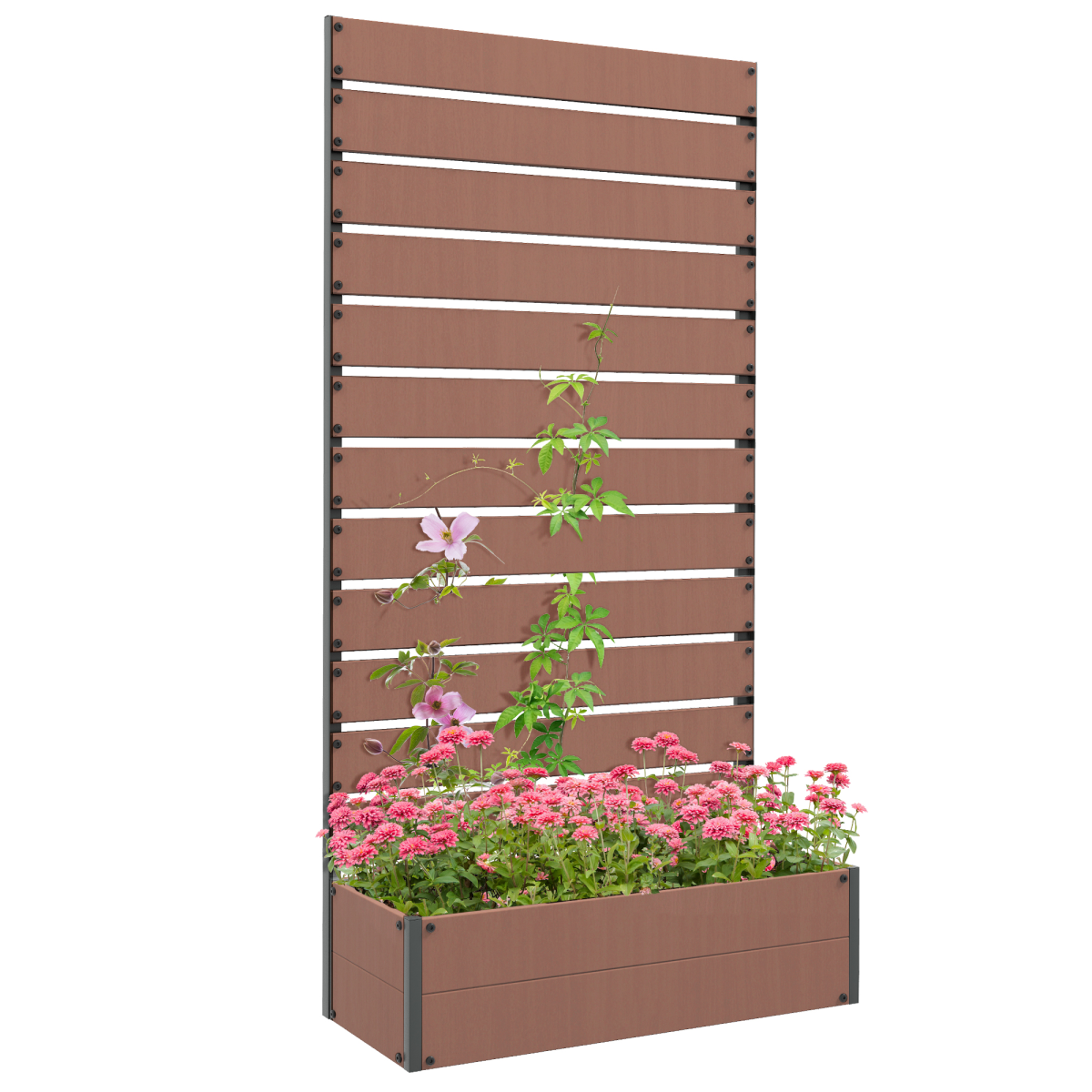 Outsunny raised garden bed with trellis for patio, planter box with pink flowers and climbing vines.