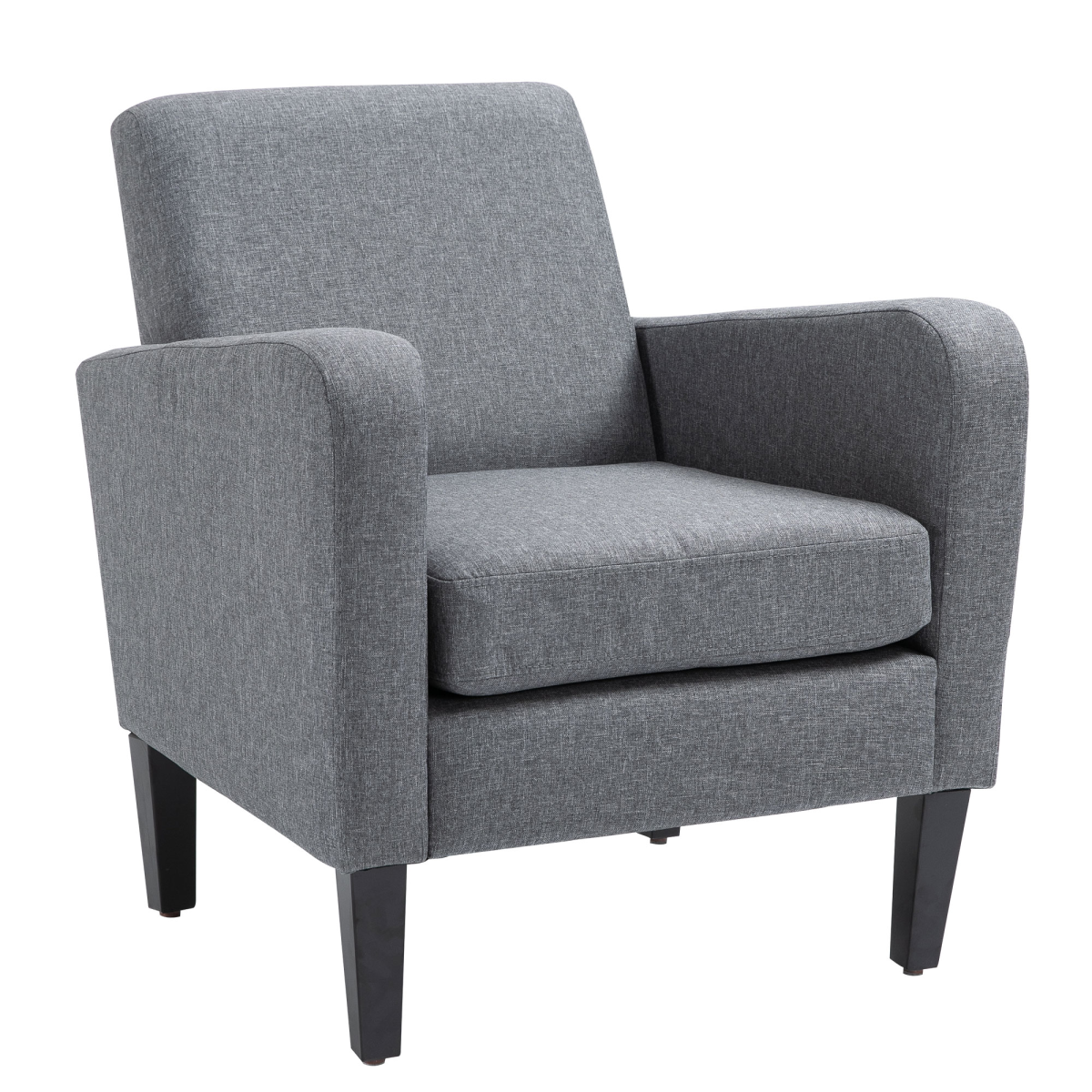Grey linen armchair with curved, rounded arms and slanted back, plush cushion, dark tapered legs for living room.