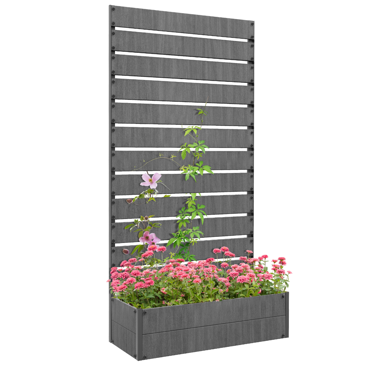 Outsunny Raised Garden Bed Tall with Trellis for Gardeners, tall planter with back trellis and blooming flowers.