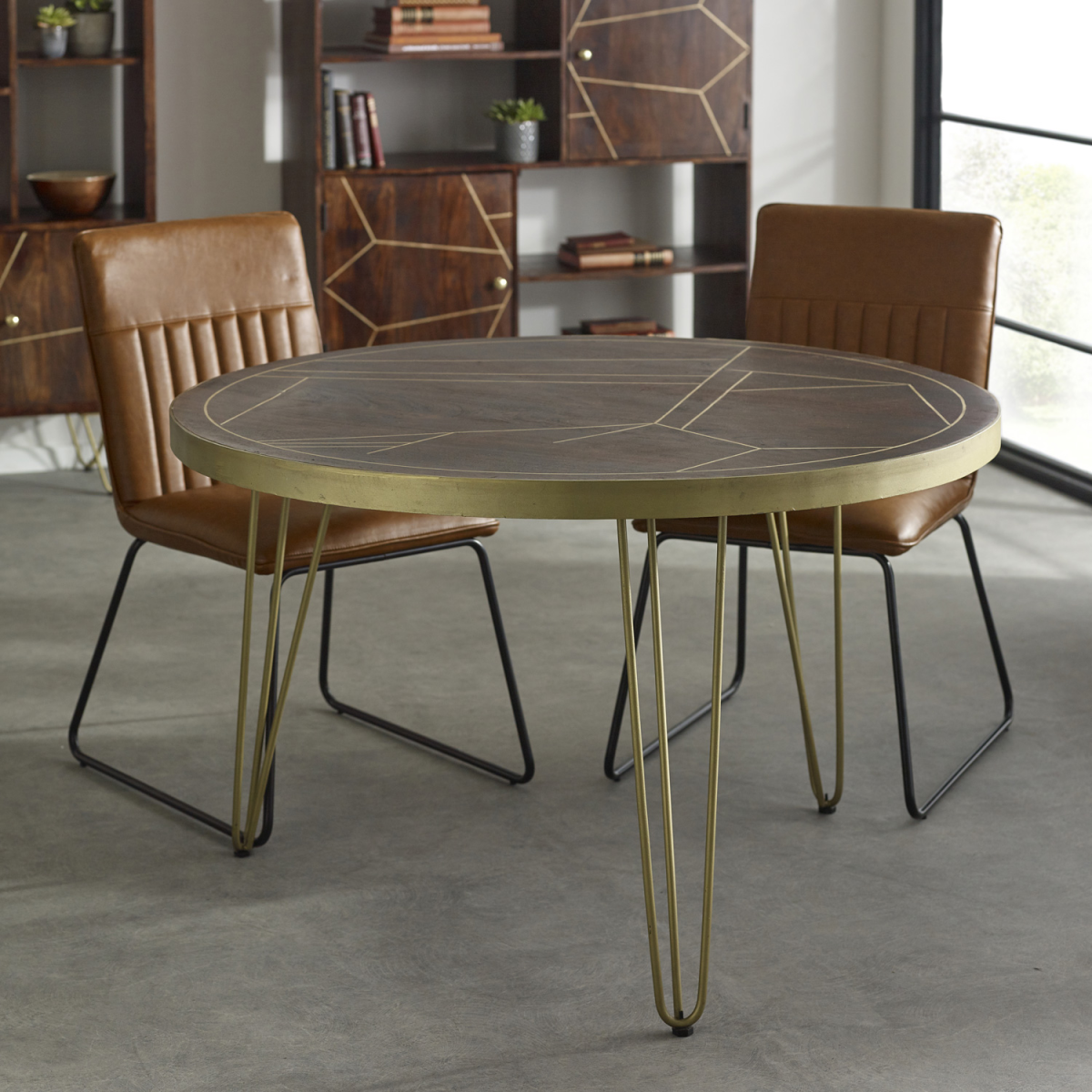 Dark Gold Round Dining Table Dia 48in Inlaid Metal For Homes - Indian Hub - Home Symphony