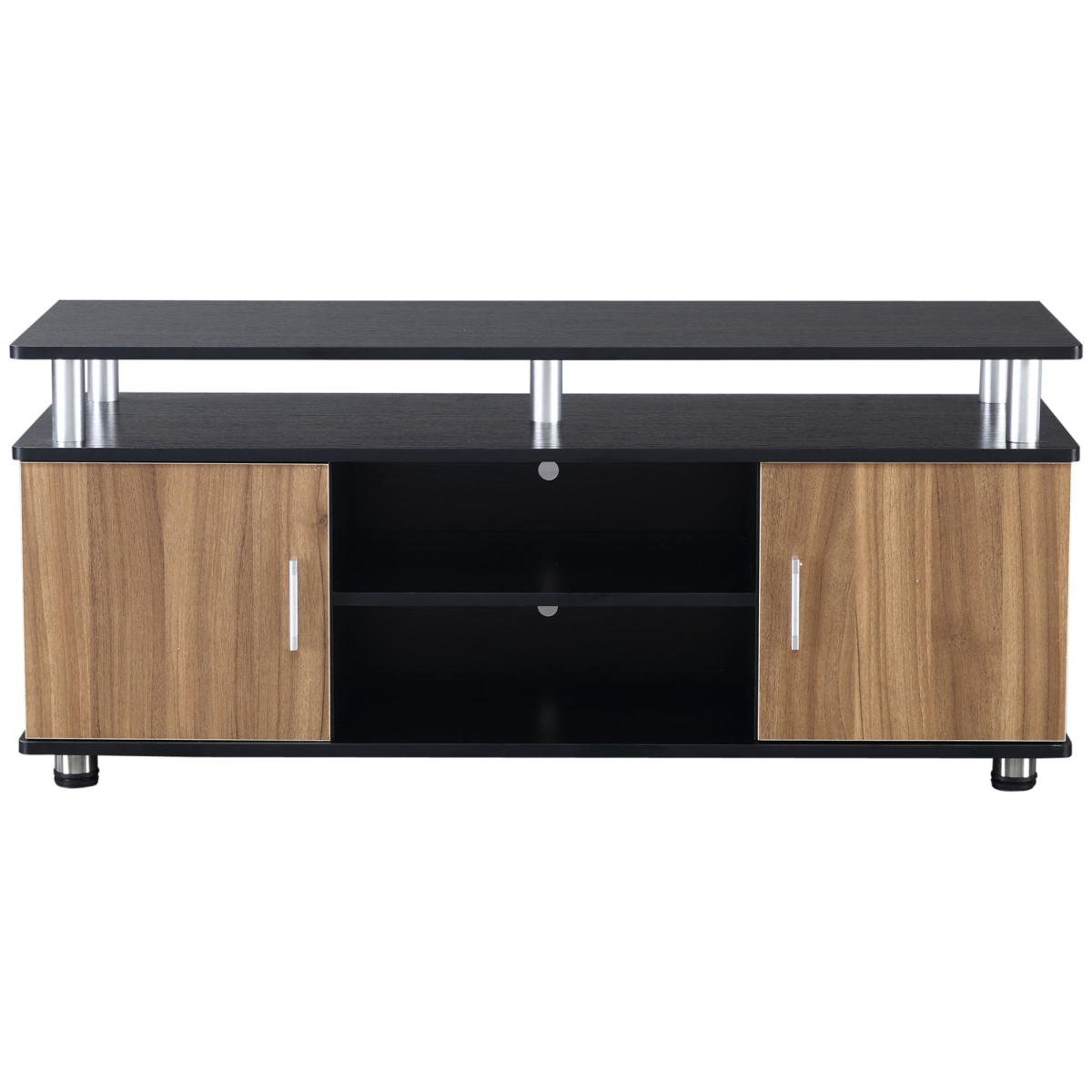 Premium 58-inch walnut TV cabinet with two cupboards, black top, open center shelves, and silver metal accents.