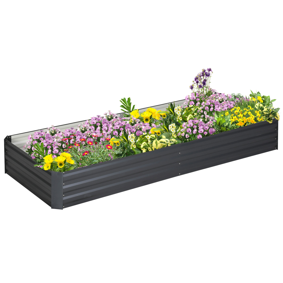 Outsunny 120x80cm galvanised steel raised garden bed with open bottom, outdoor use, filled with colorful flowers.