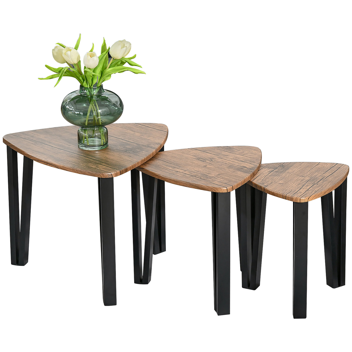 Premium Walnut Triangular Stackable Coffee Table Set V Shaped Metal Legs Living Rooms