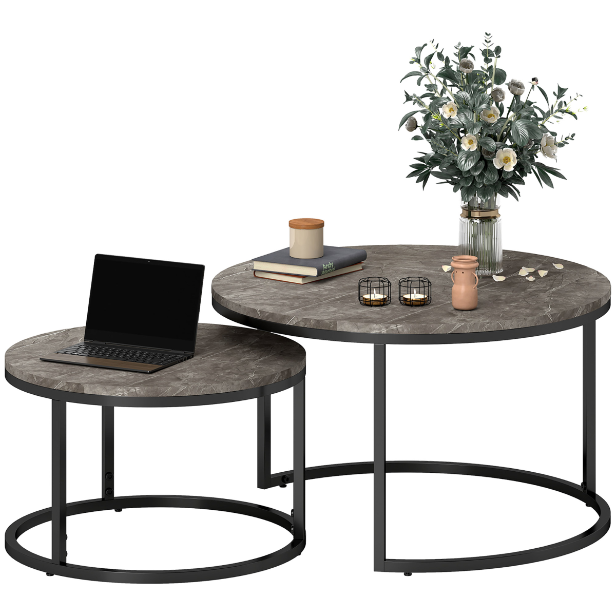HOMCOM Two Piece Stacking Coffee Tables Set Large And Small Marble Effect MDF Tops Steel Frame With Foot Pads For Living Room