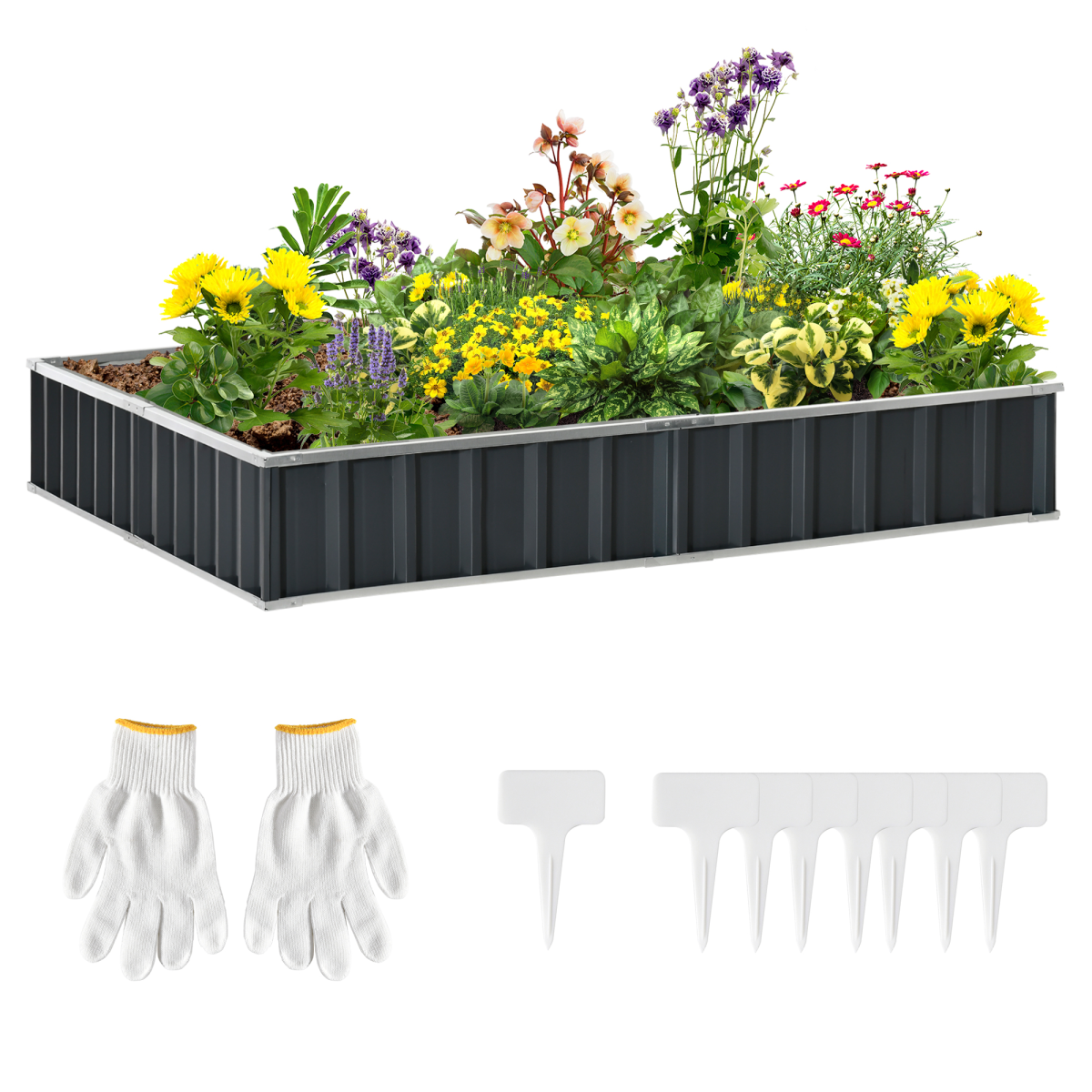 Outsunny metal raised garden bed 2.58m x 0.90m with gloves kit, filled with flowers
