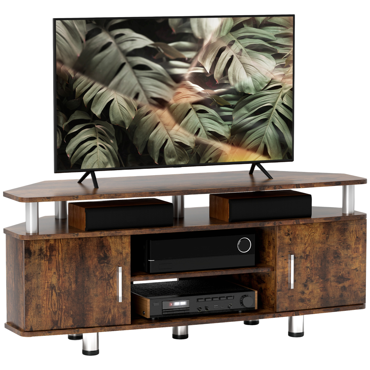 HOMCOM TV Unit Cabinet, 120cm length in rustic brown, top shelf for TV, two cupboards and two middle shelves for media.