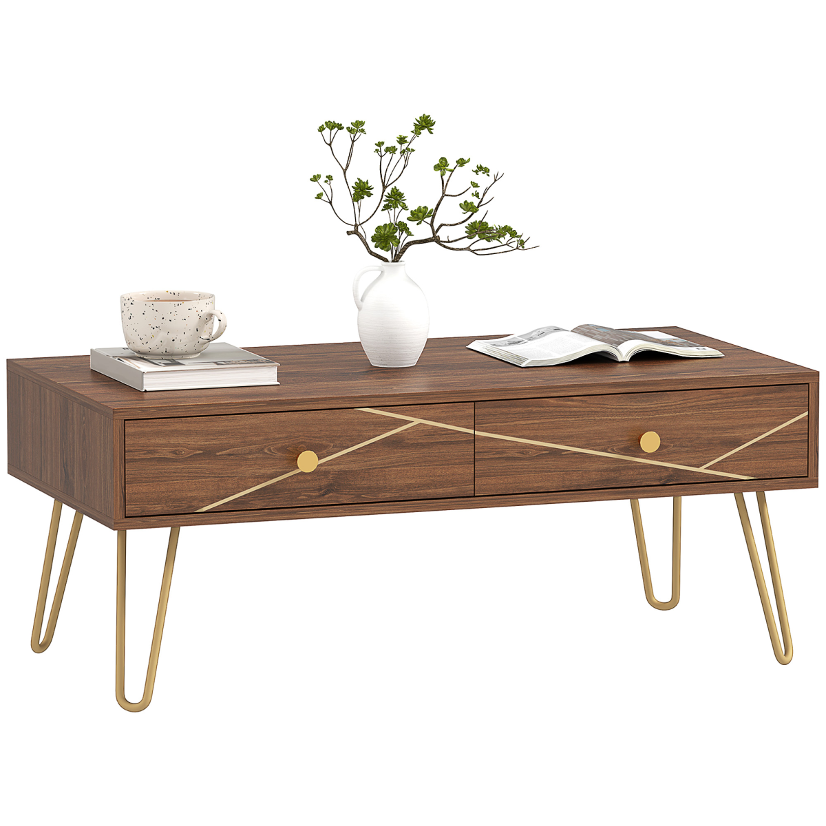 HOMCOM Coffee Table Long Woodgrain Finish With Two Drawers Gold Hairpin Legs Living Room - HOMCOM - Home Symphony
