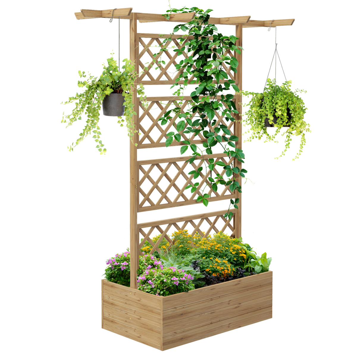 Outsunny Trellis Planter with back trellis climbers in natural fir wood, 60x40x80cm, filled with flowers and herbs.