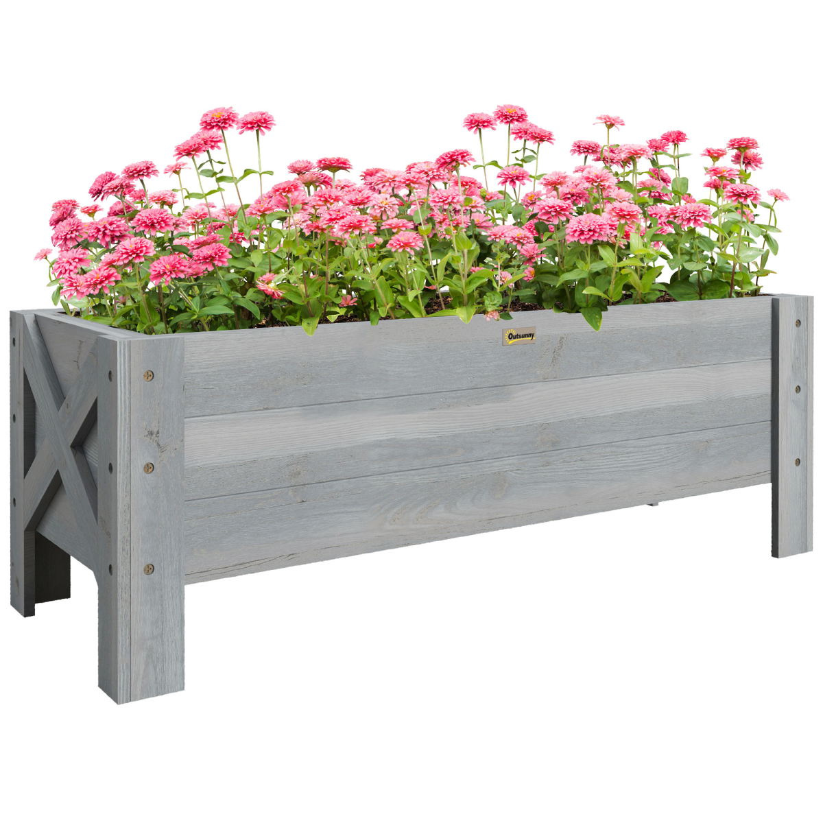 Outsunny raised bed planter, gray wood, 100x36.5x36 cm, filled with pink flowers.