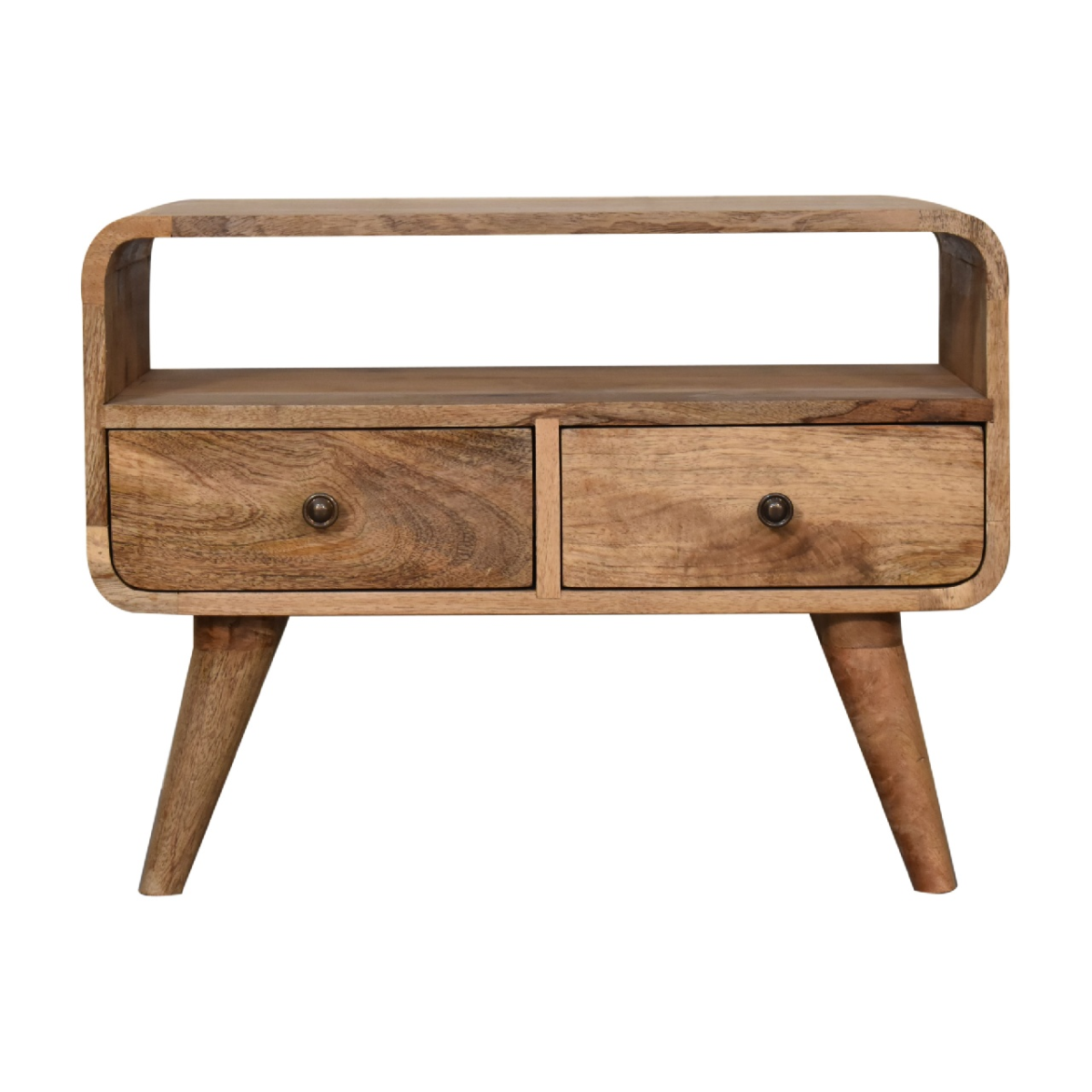 Artisan Furniture Mango Wood Mini Media Console With Open Shelf And Two Drawers For Small Spaces