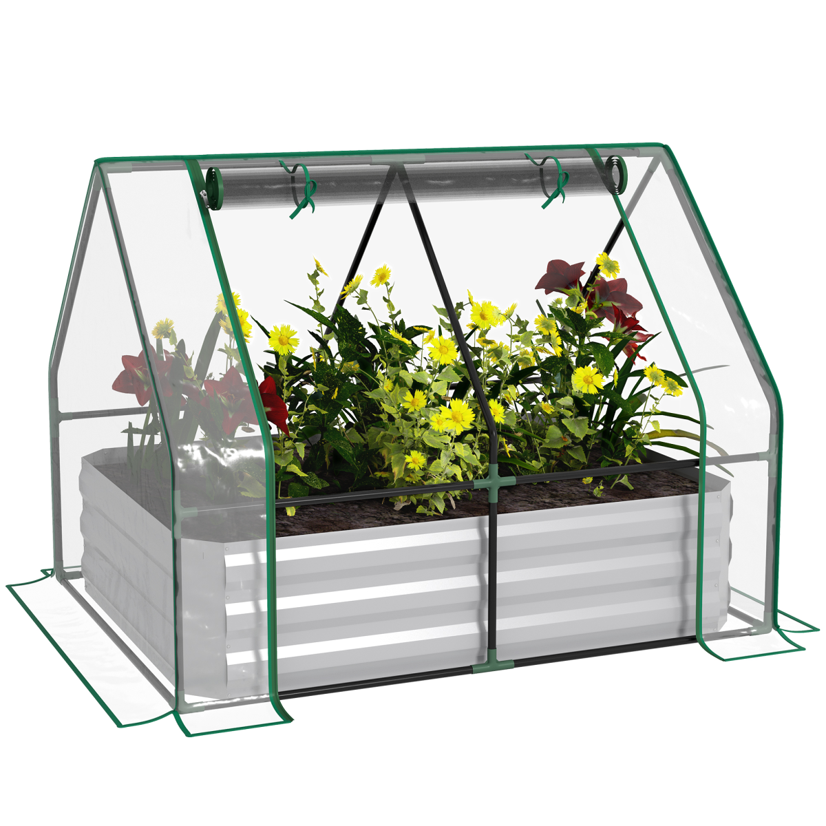 Premium Steel Raised Garden Box Dual Use Greenhouse Kit: raised bed with transparent panels and green frame, plants.