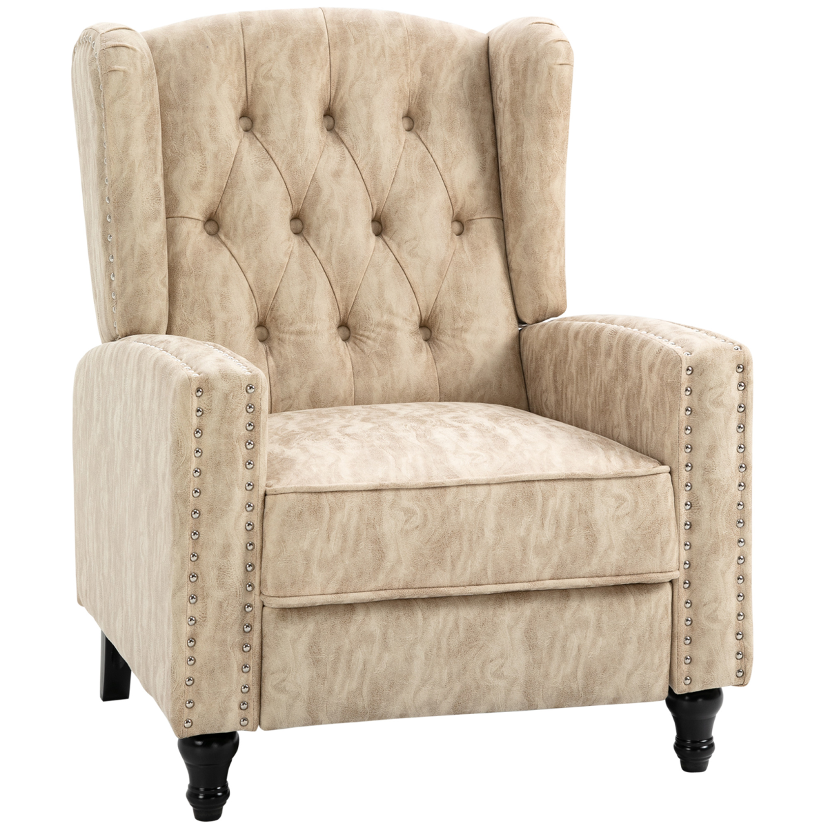 HOMCOM beige tufted armchair with nailhead trim, wood legs, and plush padding.