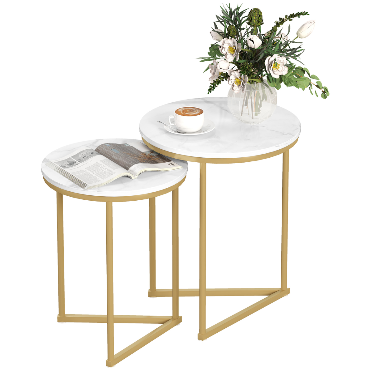 HOMCOM Nesting Coffee Tables Set of 2 With Marble Look Tops and Gold Frames for Modern Living Room - HOMCOM - Home Symphony
