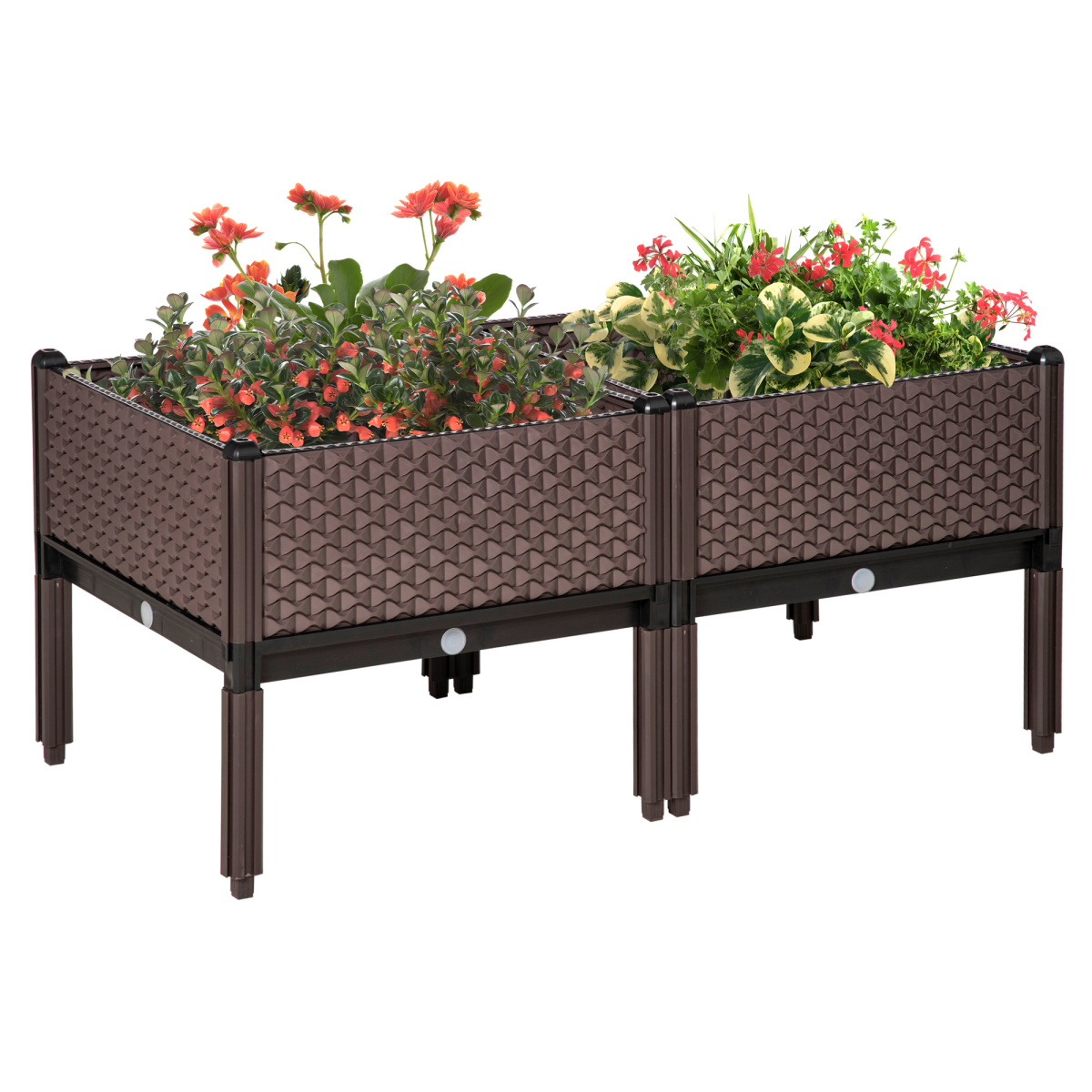 Outsunny brown raised garden bed set of 2 on legs for balcony gardening with flowering plants.