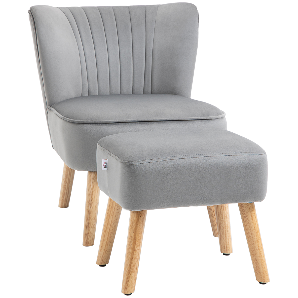 Home Symphony Velvet Feel Accent Chair Ottoman TubSeat Padding Wood Legs in soft grey velvet-feel upholstery.