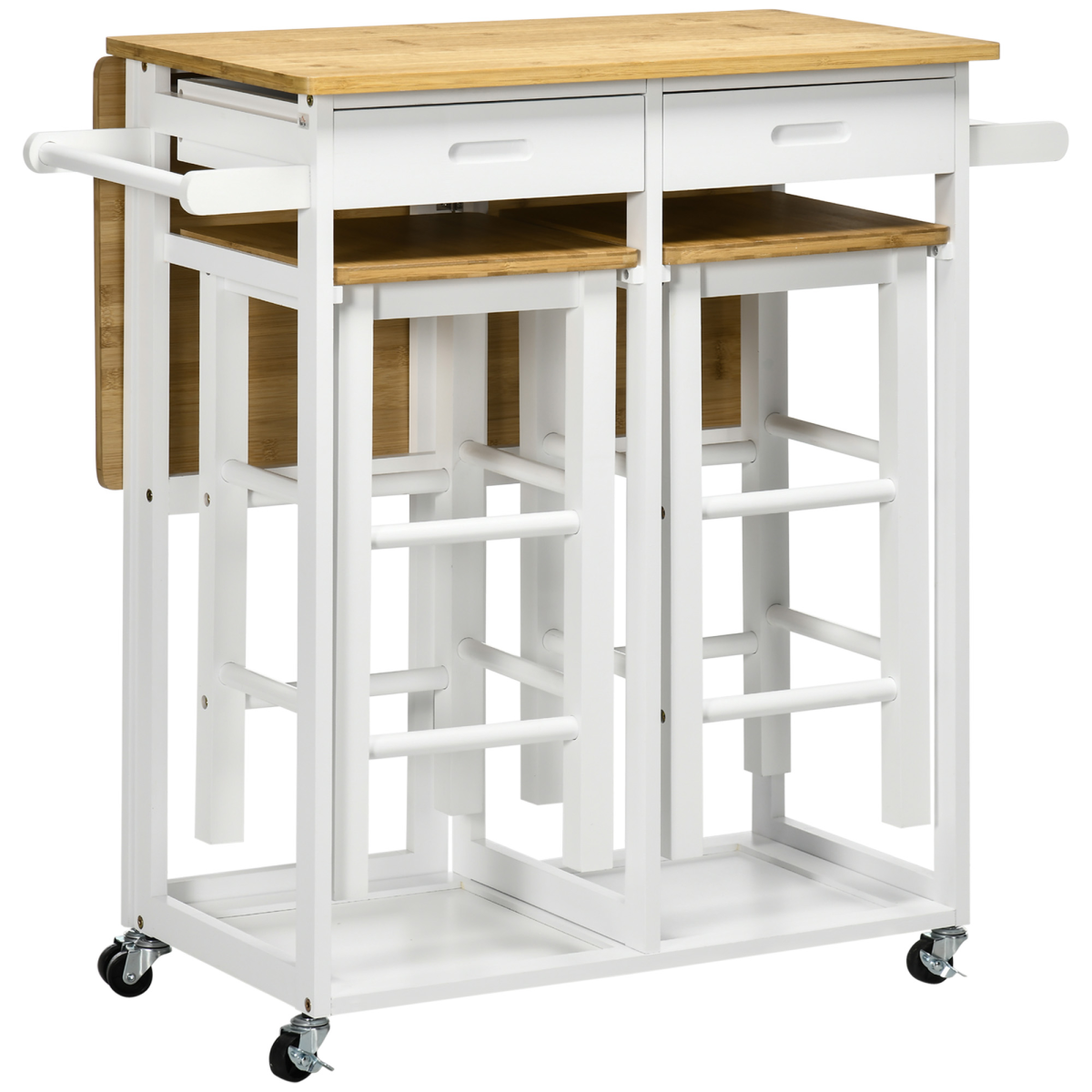 HOMCOM Bamboo Breakfast Cart Drop Leaf Table Stools - HOMCOM - Home Symphony