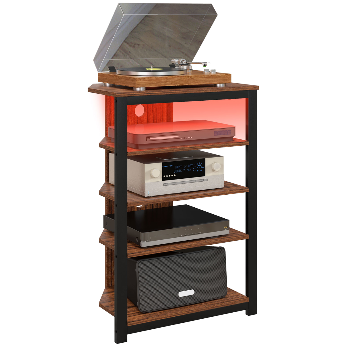 HOMCOM TV Stand with four-tier shelves and RGB LED lighting for a 29-inch TV; compact corner unit with wooden shelves.