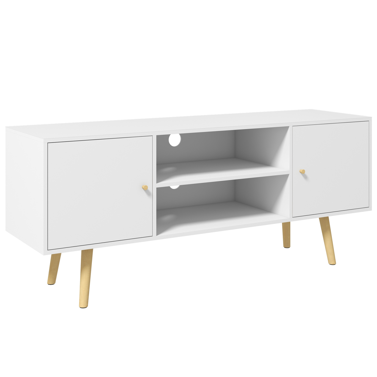 White TV stand cabinet for 55-inch TVs with cable management, open center shelves, side doors, and angled wood legs.